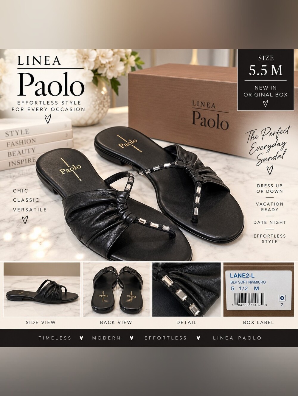 NIB Linea Paolo Lane 2 Black Embellished Slide Sandals Shoes 5.5 M